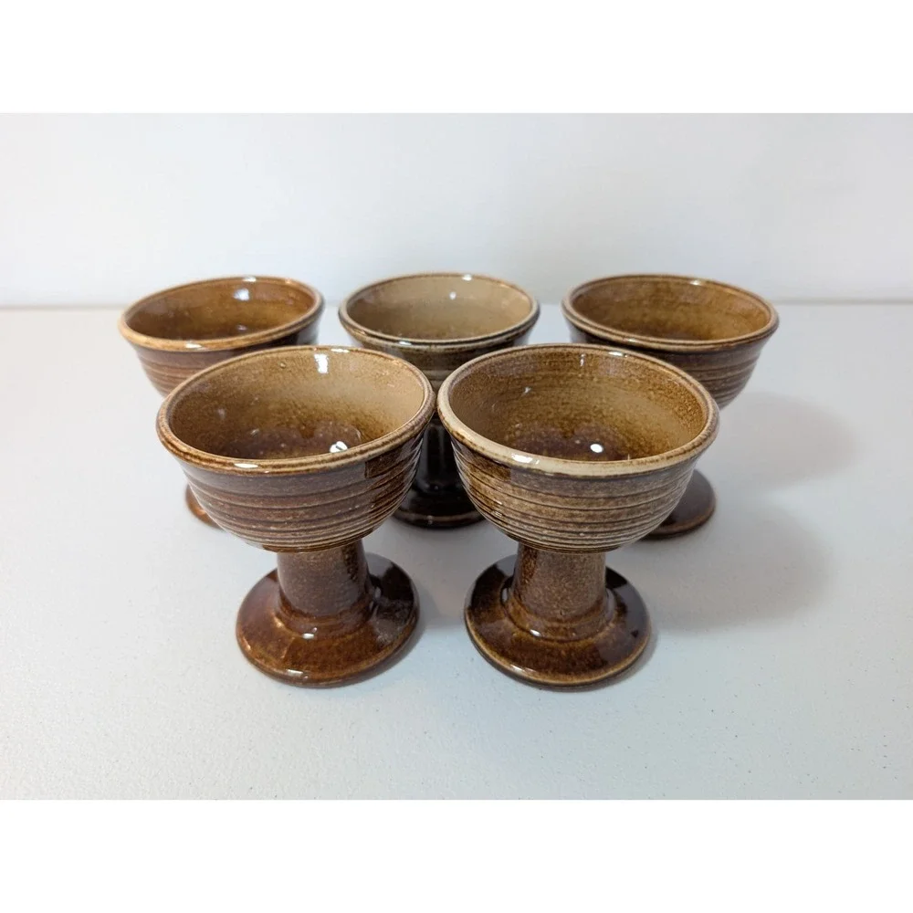 Set of 5 Brown Glazed Stoneware Pedestal Goblets Rustic Drinkware Cups